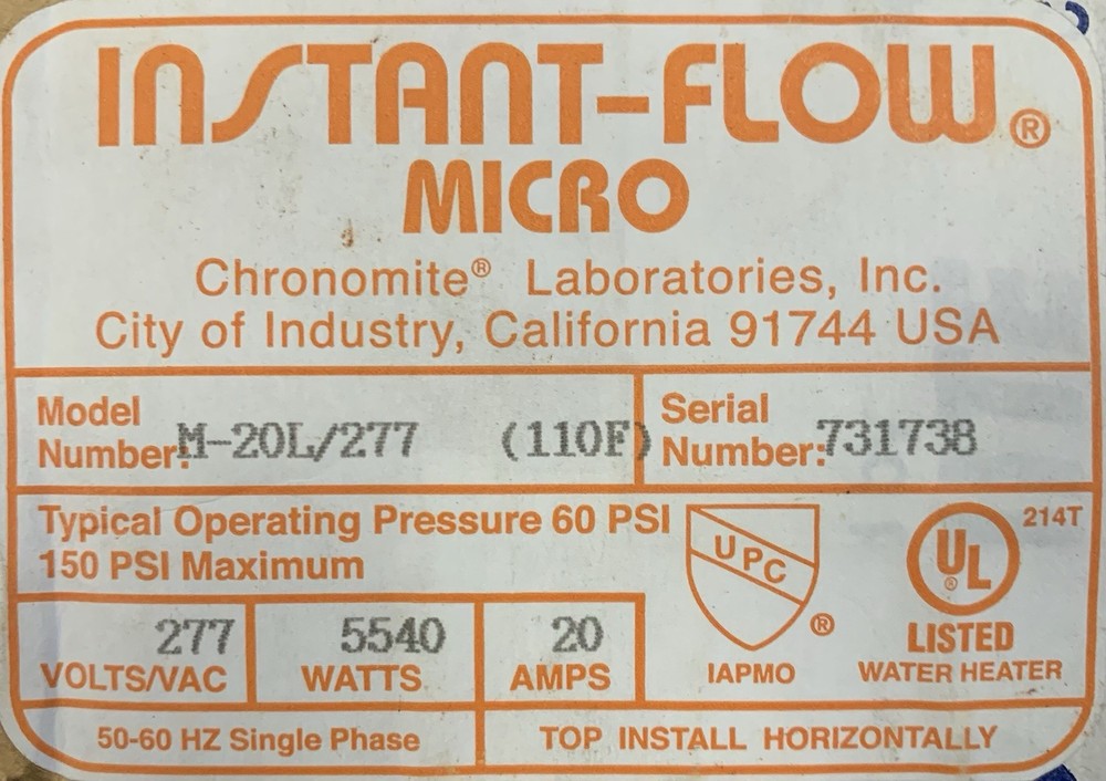 Chronomite M-20L/277 Instant-Flow Electric Tankless Water Heater