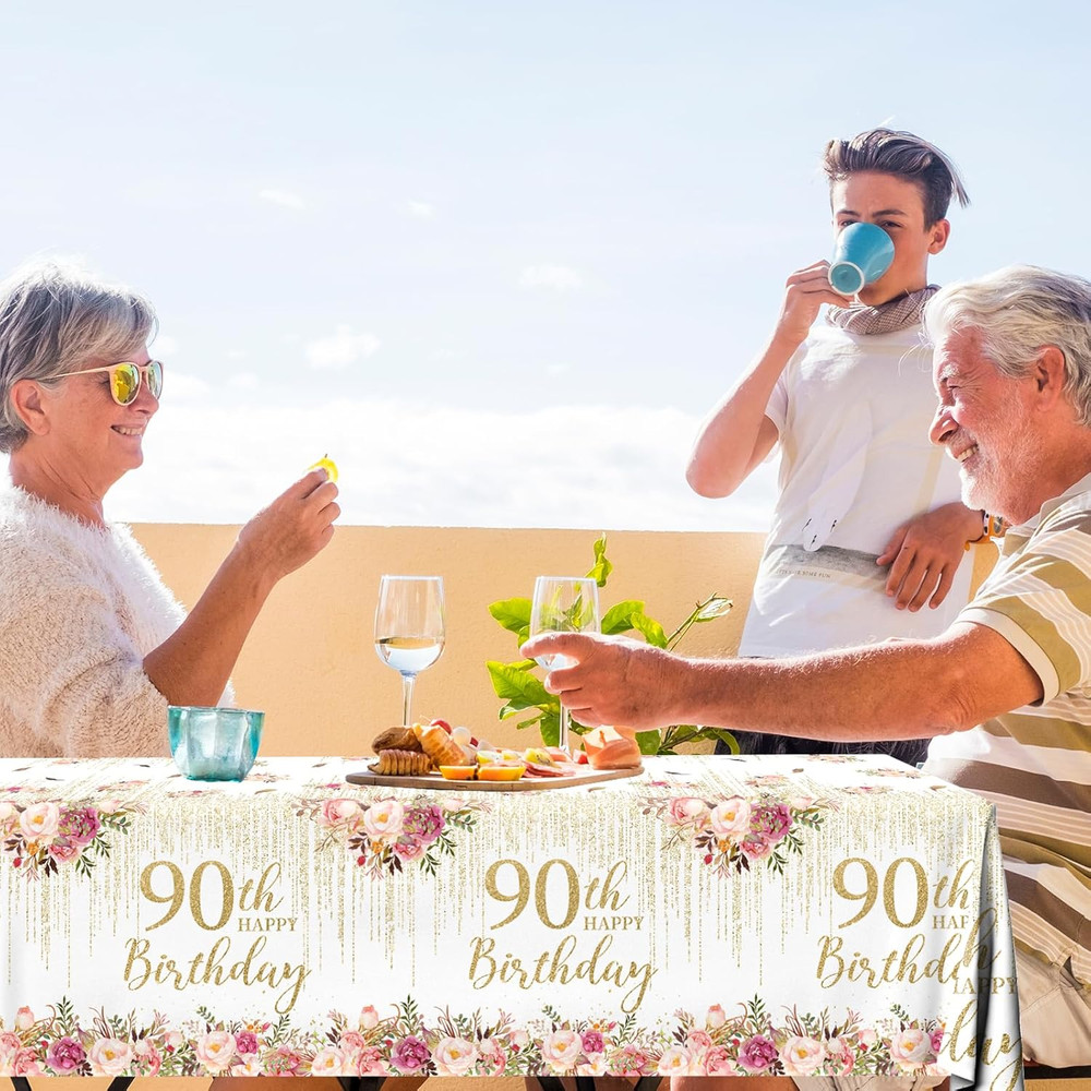 3Pcs 90Th Birthday Tablecloth,Rose Gold 90Th Birthday Tablecloth Rectangular ...