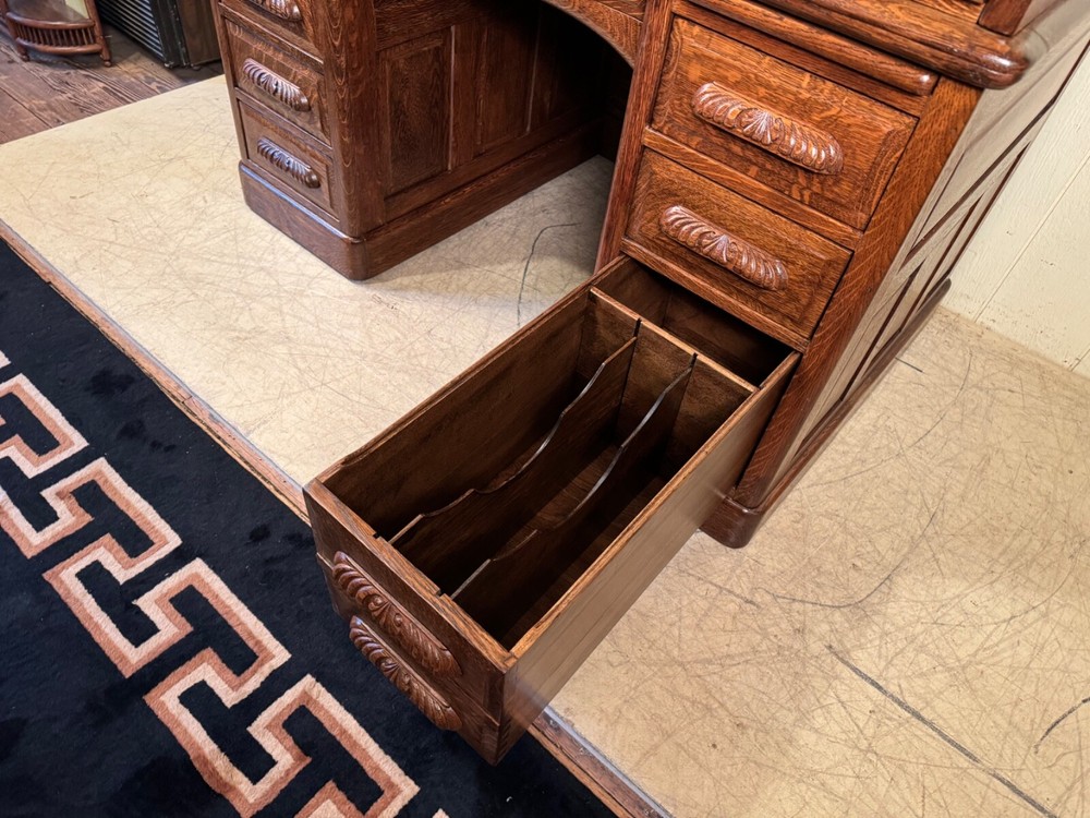 Antique Oak 50" Raised Panel S-Roll Top Desk with Carved Pulls