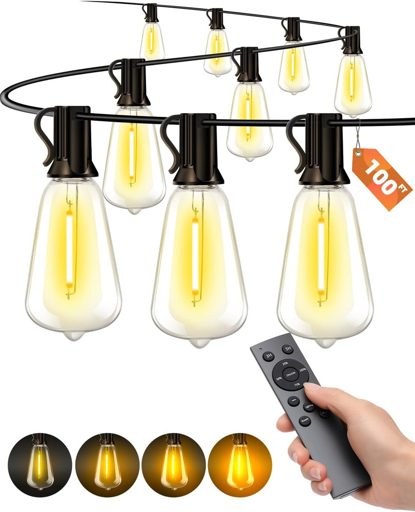 Outdoor Patio String Lights: 100Ft 30M outside Waterproof Light - Remote Dimmabl