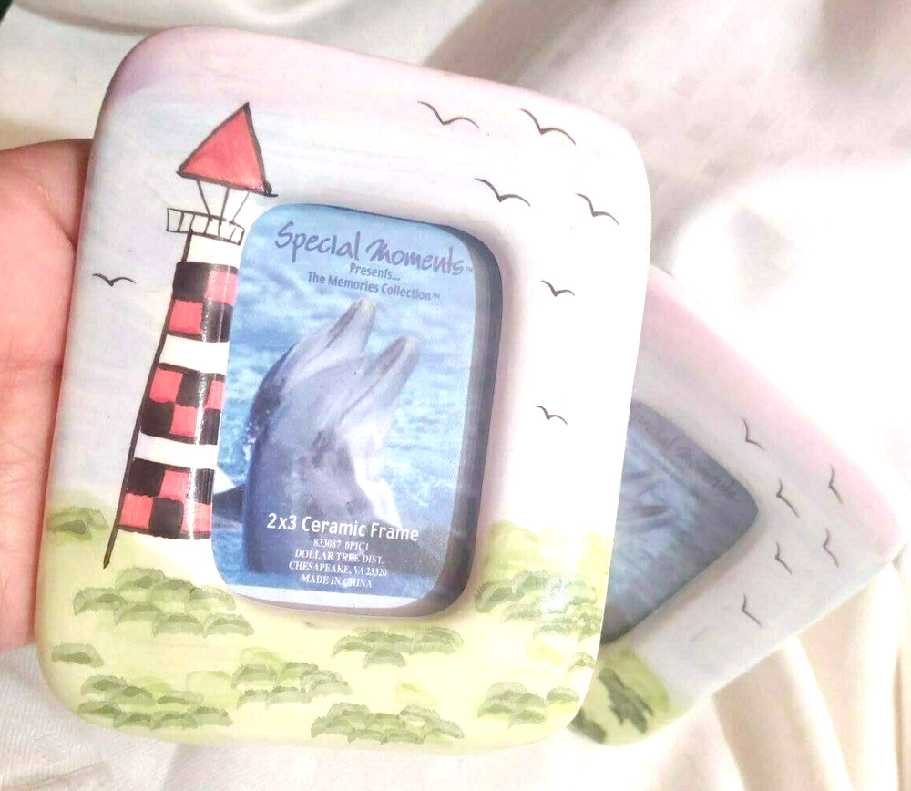 2 Matching Table Frames Easels Ceramic Lighthouses 2" X 3"