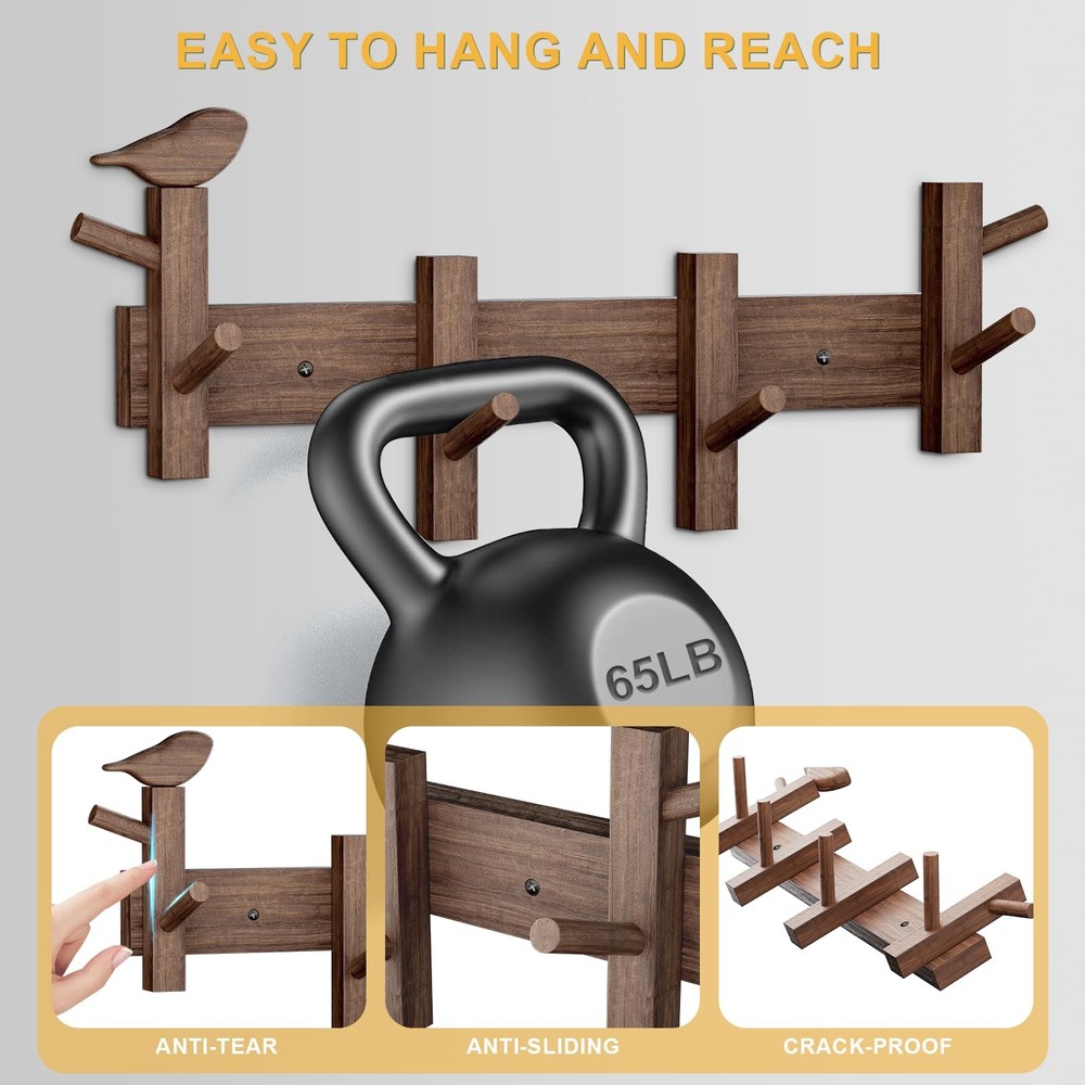 Coat Rack Wall Mount，Solid Acacia Wall Mounted Coat Rack with 4+2 Heavy Duty ...