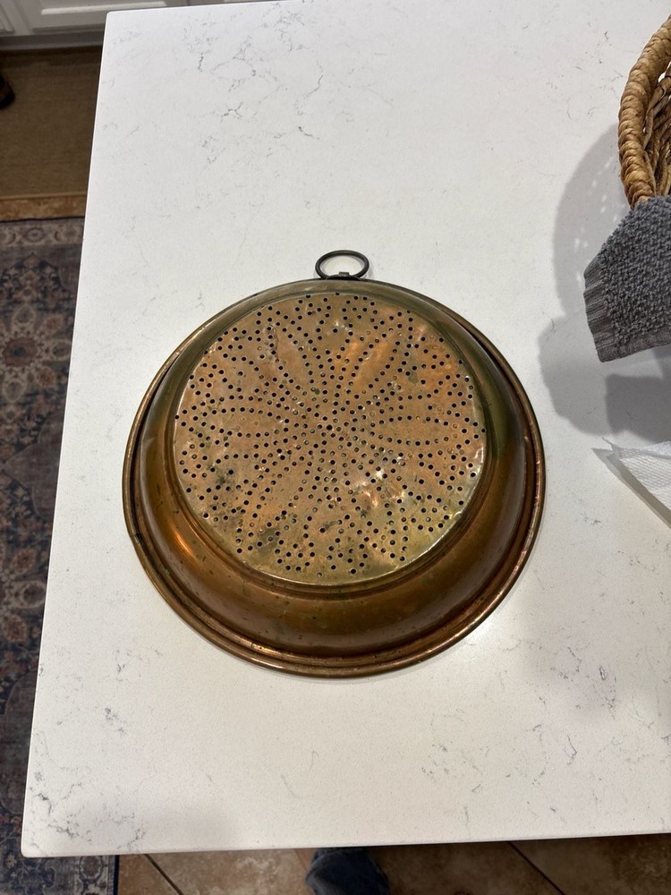 Vintage Hand-Hammered Solid Copper Colander Strainer with Hanging Ring
