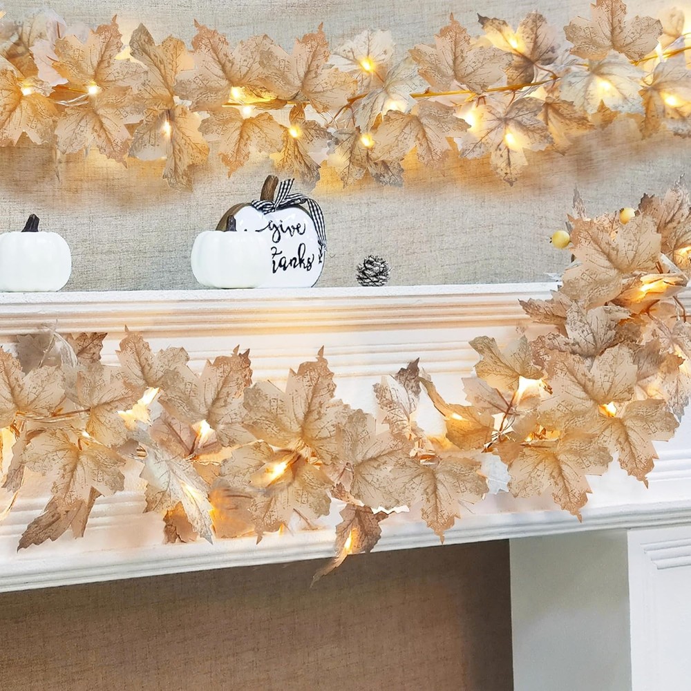 Timer - 2 Pack Fall Decor Garland with Lights 2 Pack, Grey White
