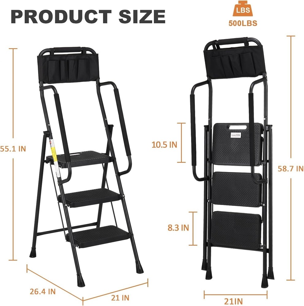 Versatile 3-Step Folding Ladder with Tool Bag - Maximum Safety & Stability