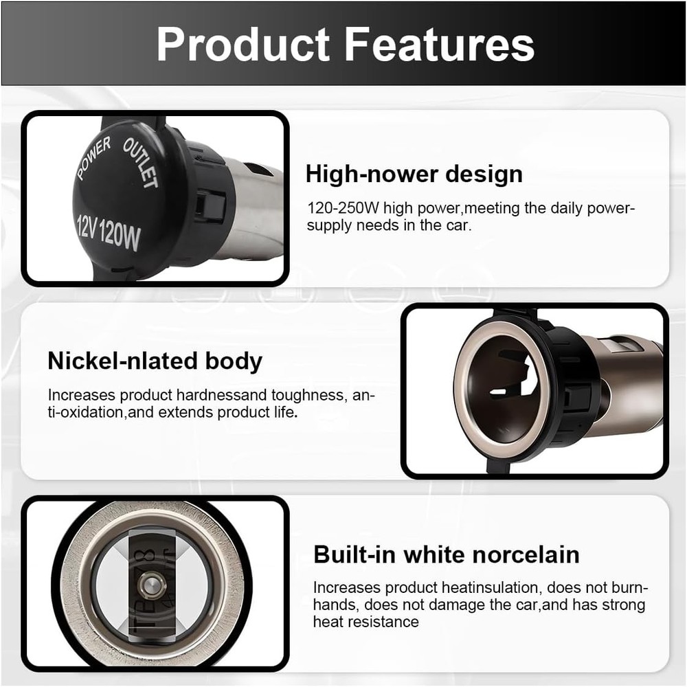 Cigarette Lighter Socket, DC 12V Waterproof Car Power Outlet Socket Replacement