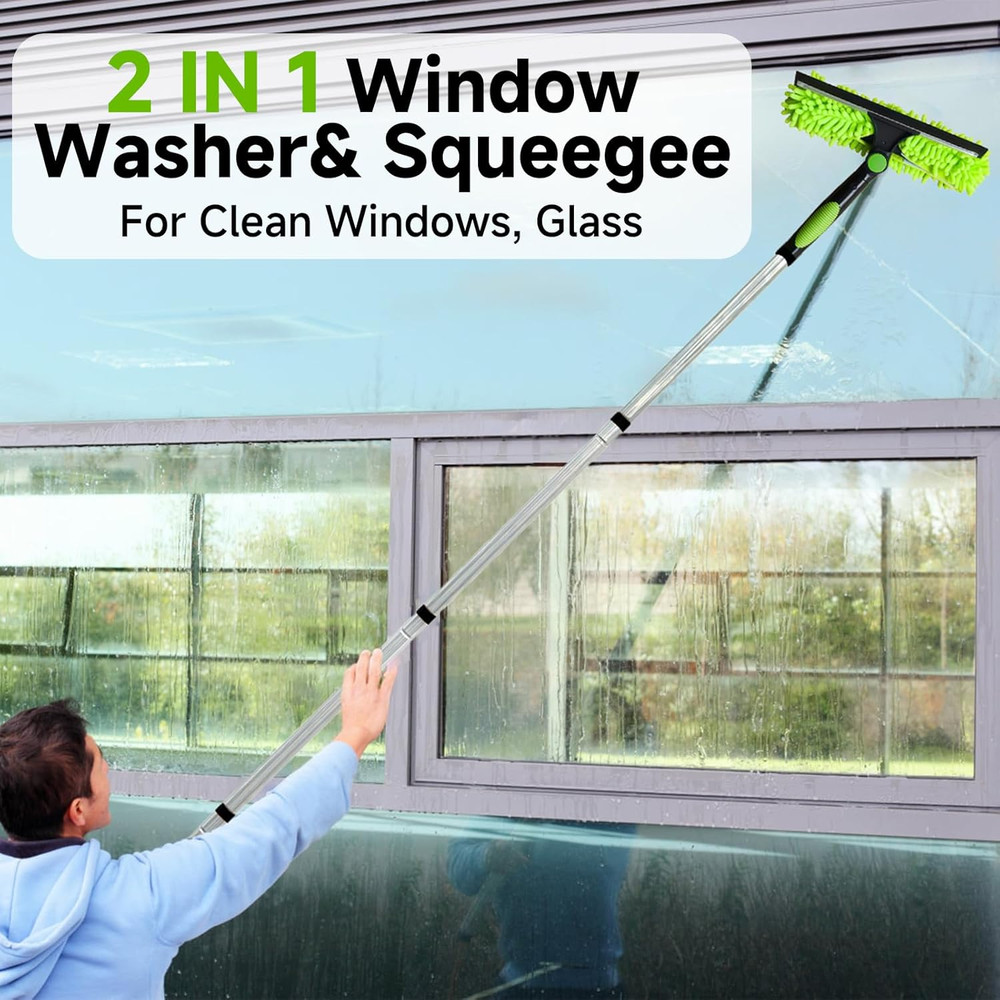 67'' Window Squeegee Cleaner Tool with Extension Pole, 2-In-1 Squeegee for Windo
