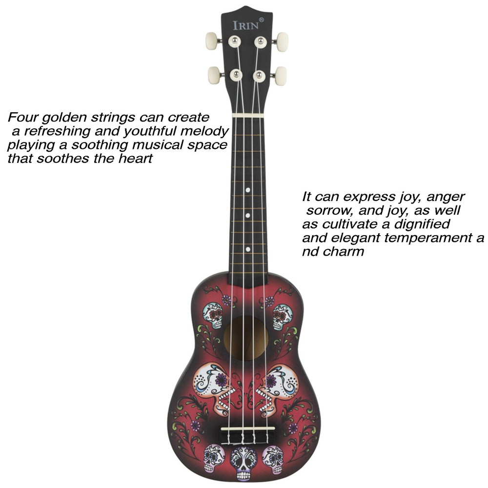 21" Skull Ukulele Solid Wood Four Golden Strings Practice Playing Instruments