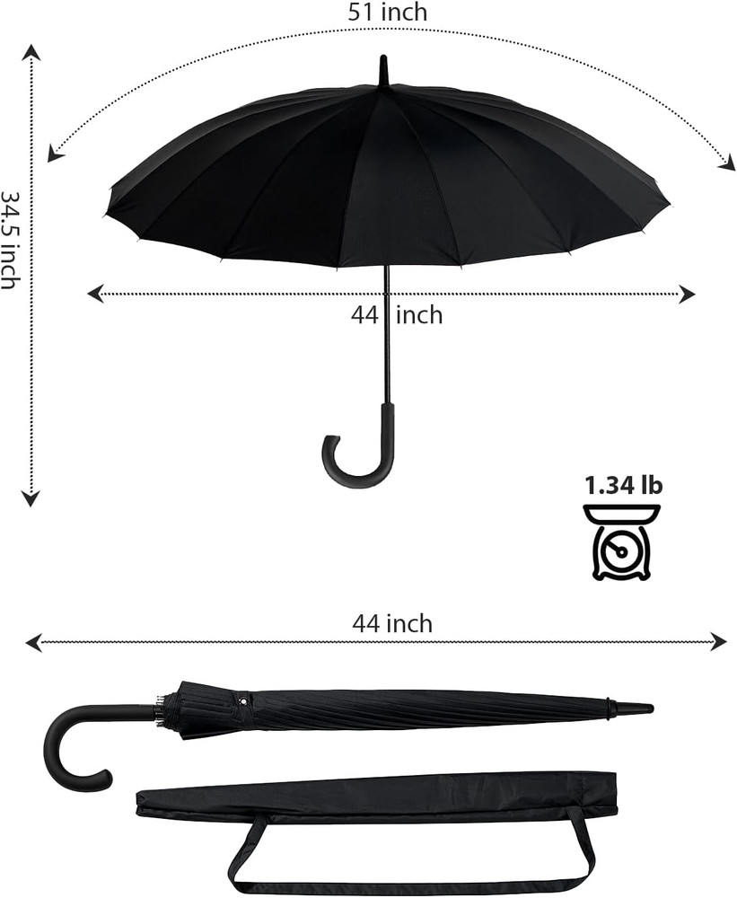 Premium Windproof Umbrella Classic J Stick Handle with Easy Grip - Auto Open, Ra