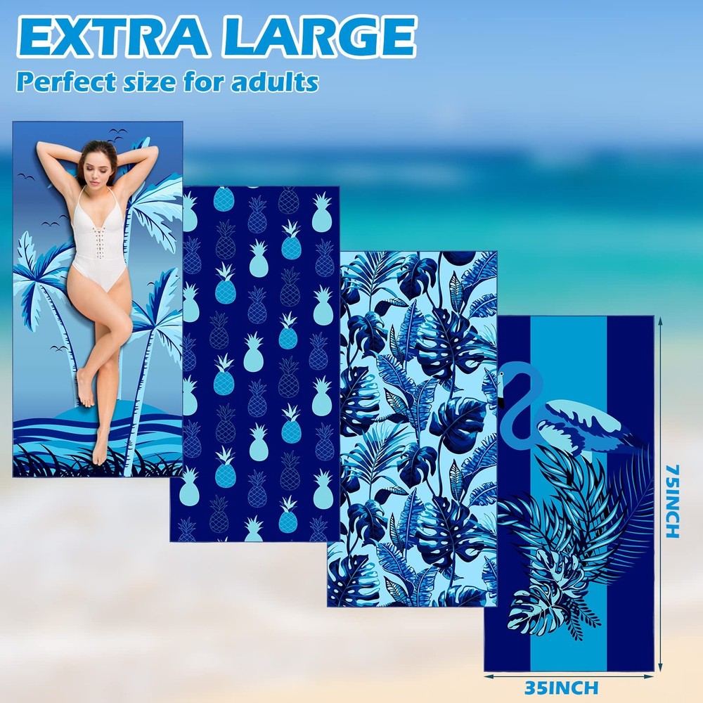 4 Pack Lightweight Microfiber Beach Towel 75 x 35 Extra Large Sand Free Quick...