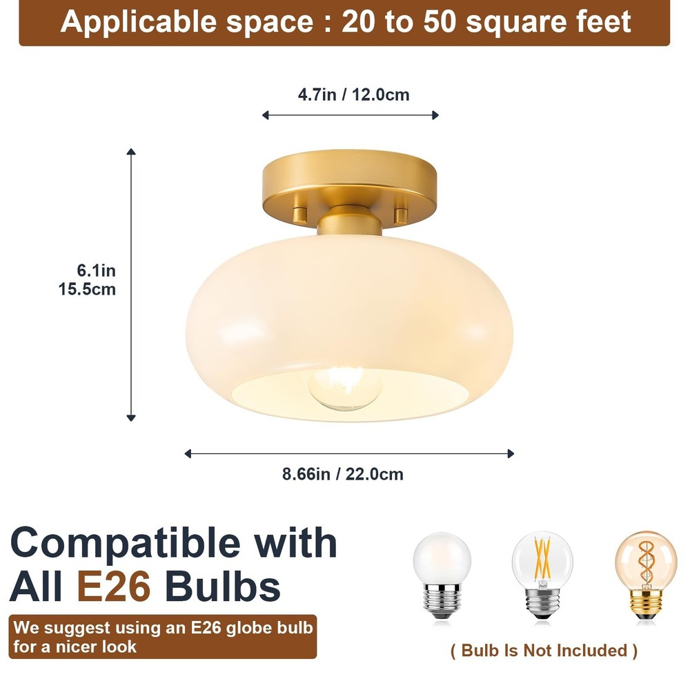 Mid-Century Modern Gold Semi Flush Mount Ceiling Light, Kitchen Ceiling Light...