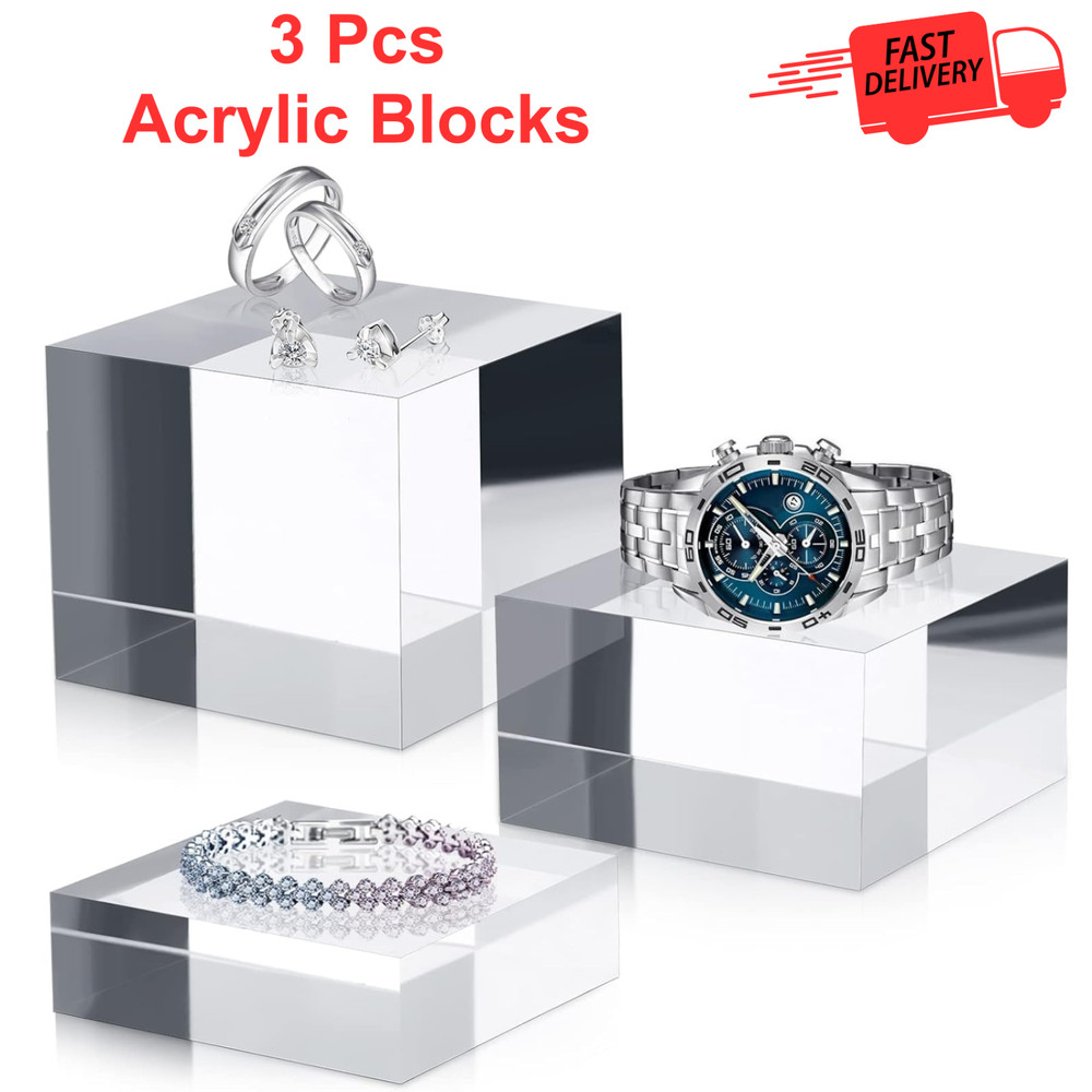 3 Pieces Acrylic Square Display Block Clear Polished Acrylic Cube Solid Display