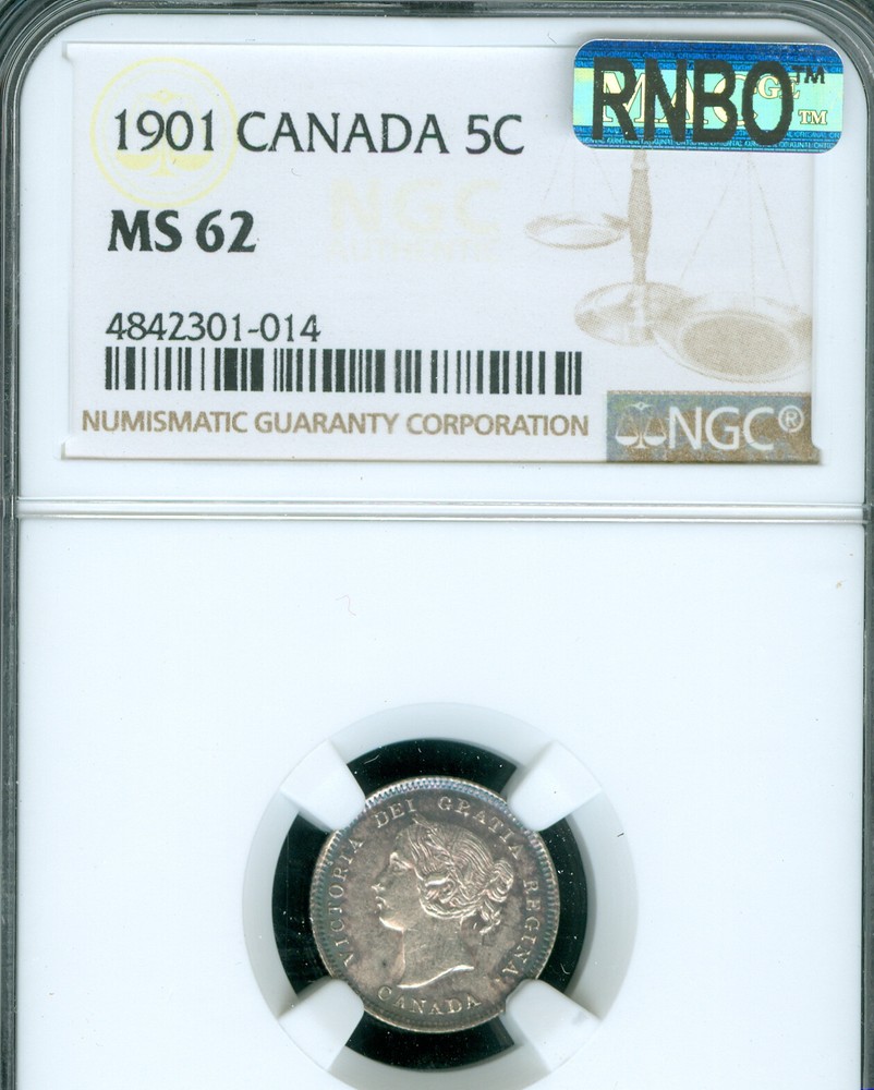 1901 CANADA 5 CENTS MS62 MAC RNBO RAIBOW *