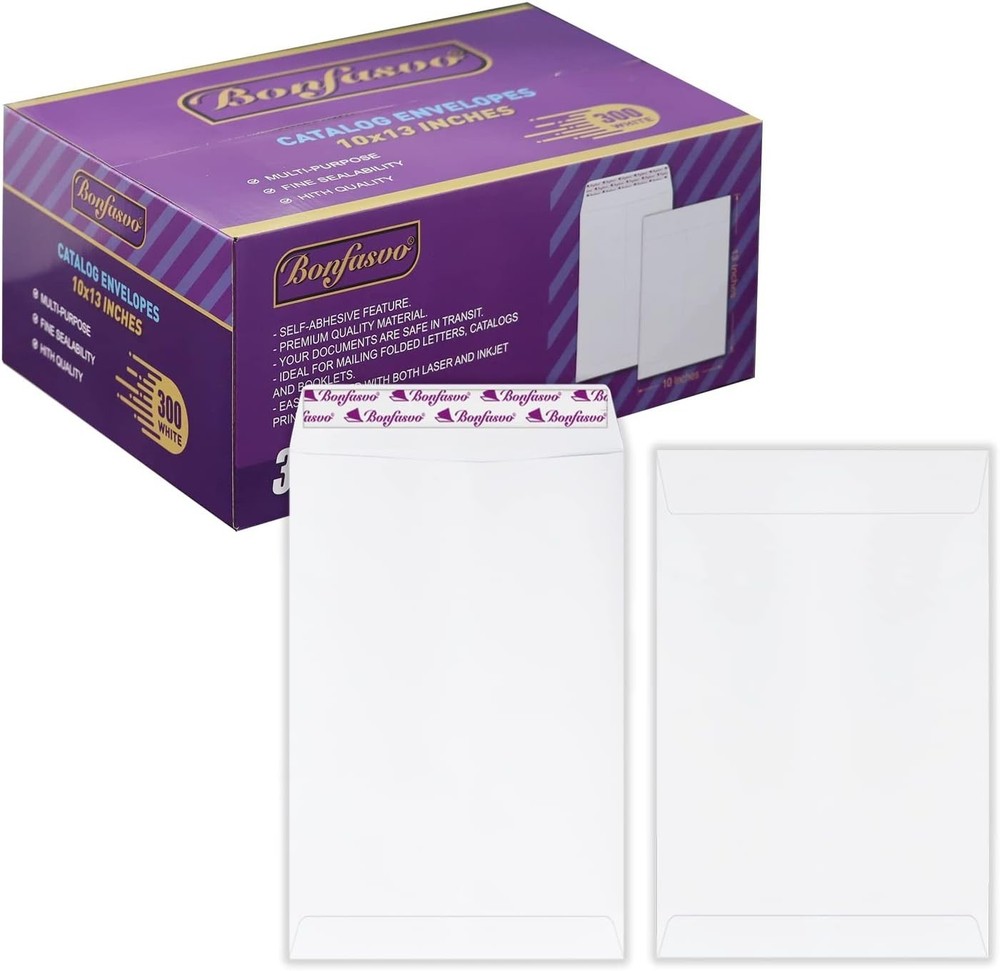 300 Pack White Catalog Envelopes 10x13 - Printable Self-Seal for Invites & Docs