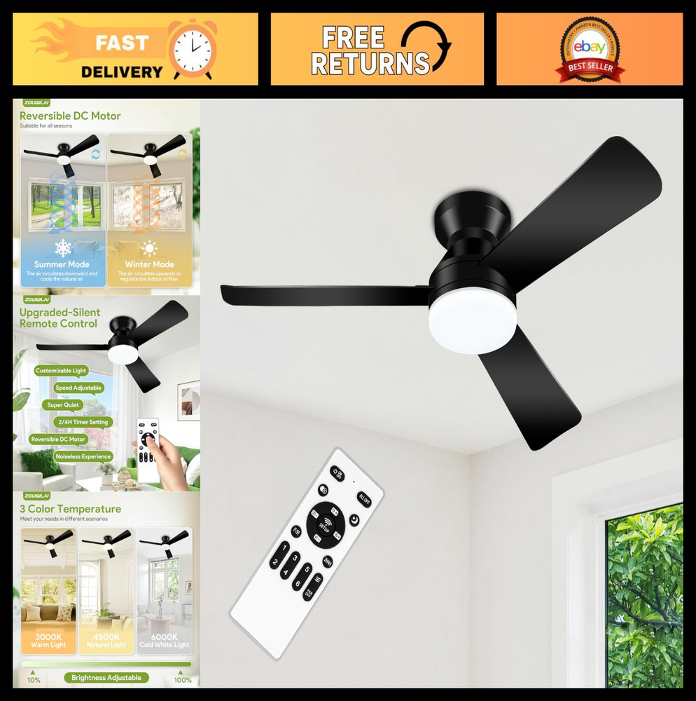 42" Low Profile Ceiling Fan with Light & Remote, Dimmable, Reversible DC Motor,
