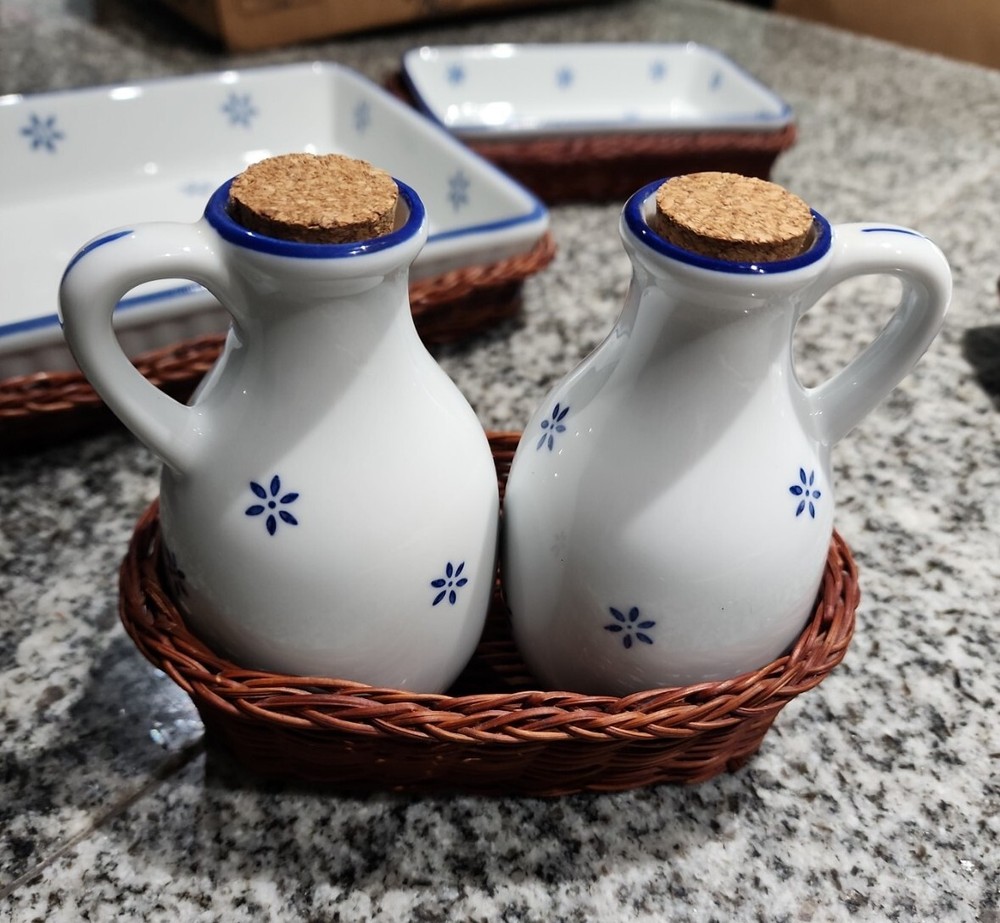 Ceramic bakeware Casserole Dish set w/wicker Baskets & Cruets set. NWOB