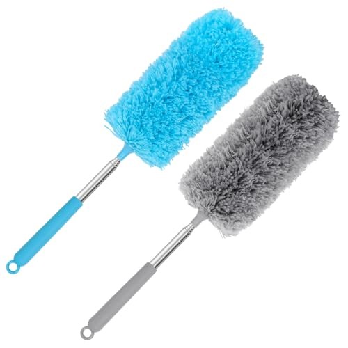 Mini Microfiber Duster for Cleaning, Hand Duster with Extension Pole, Blue Grey