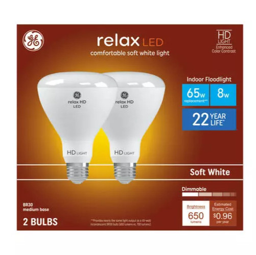 GE Relax LED Soft White BR30 65/8 Watt 2 BULBS Dimmable