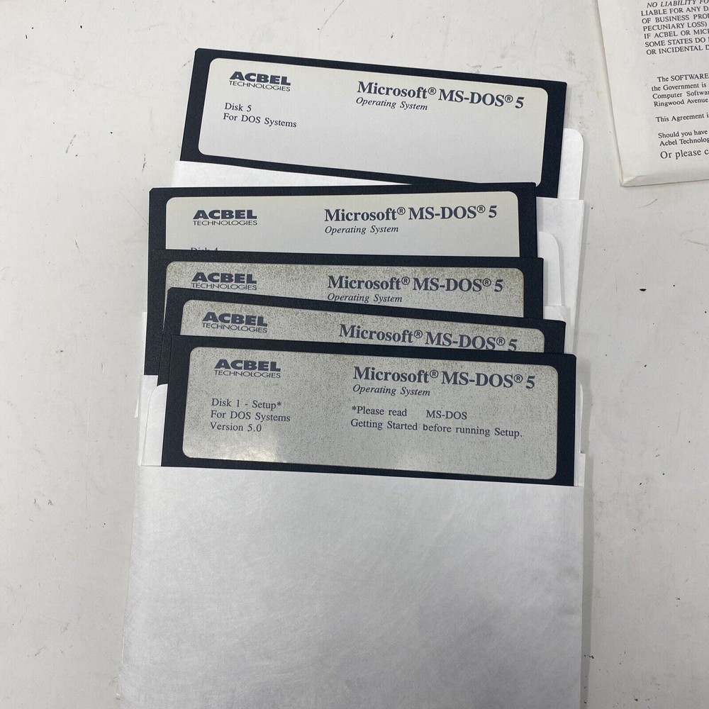 Microsoft MS-DOS 5 on 5 x 5-1/4" 5.25" Acbel Technologies Floppy Disks Complete