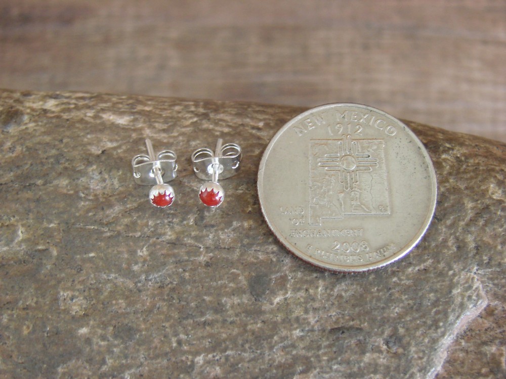 Native American Sterling Silver & Coral Micro Dot Stud Post Earrings by Chee