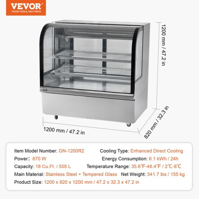 VEVOR Refrigerated Display Case Bakery Display Fridge Case 18 Cu Ft/505L 2-Tier