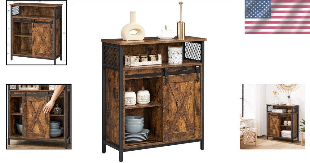 Versatile Sideboard with 1 Sliding Barn Door, Adjustable Shelves, 3 Compartments