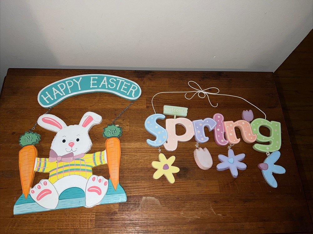 happy easter and spring hanging wall signs 2pk