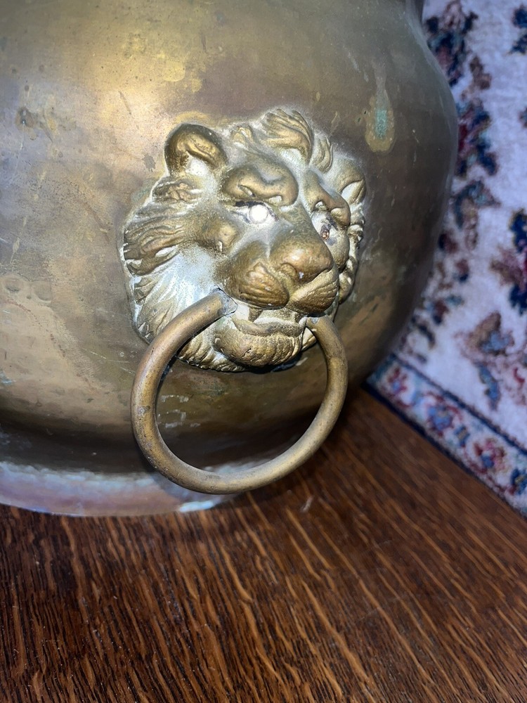 Antique Heavy Hand Hammered Solid Brass Bucket Lion Head Handles