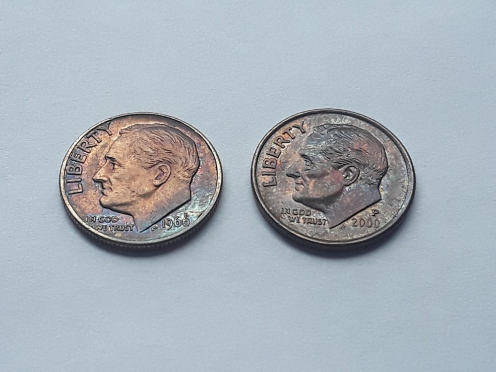 1966 P & 2000 P ROSSAVELT DIME TONING ON BOTH SIDES