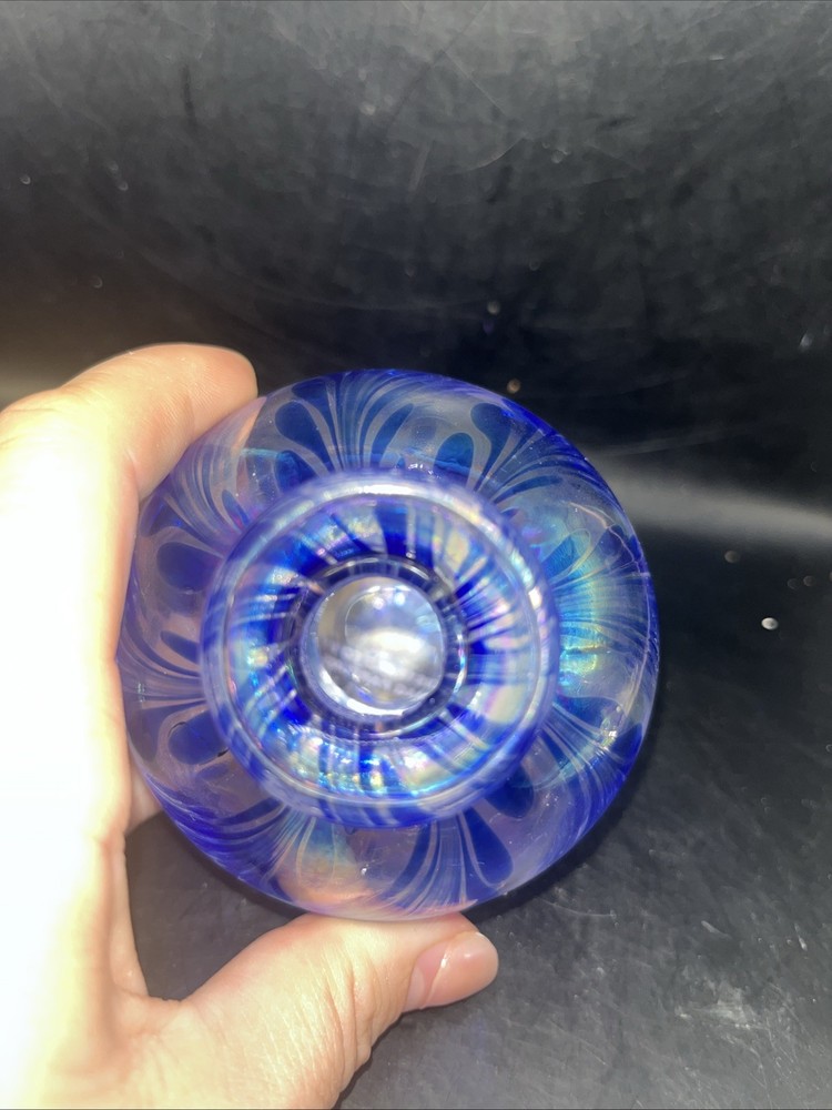 Iridescent Perfume Bottle With Stopper Pulled Feather Blue 6”