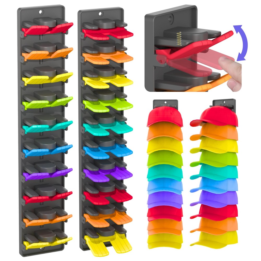 Hat Organizer for Baseball Caps 2 Packs with Built-in Spring Clips - Wall Mou...