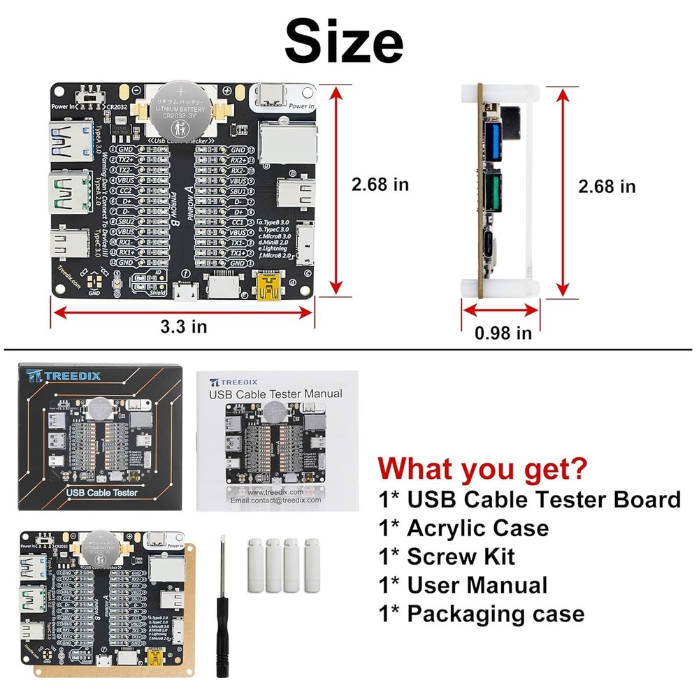 USB Cable Tester Board Data Line Checker Micro Type C Type B with Acrylic Case
