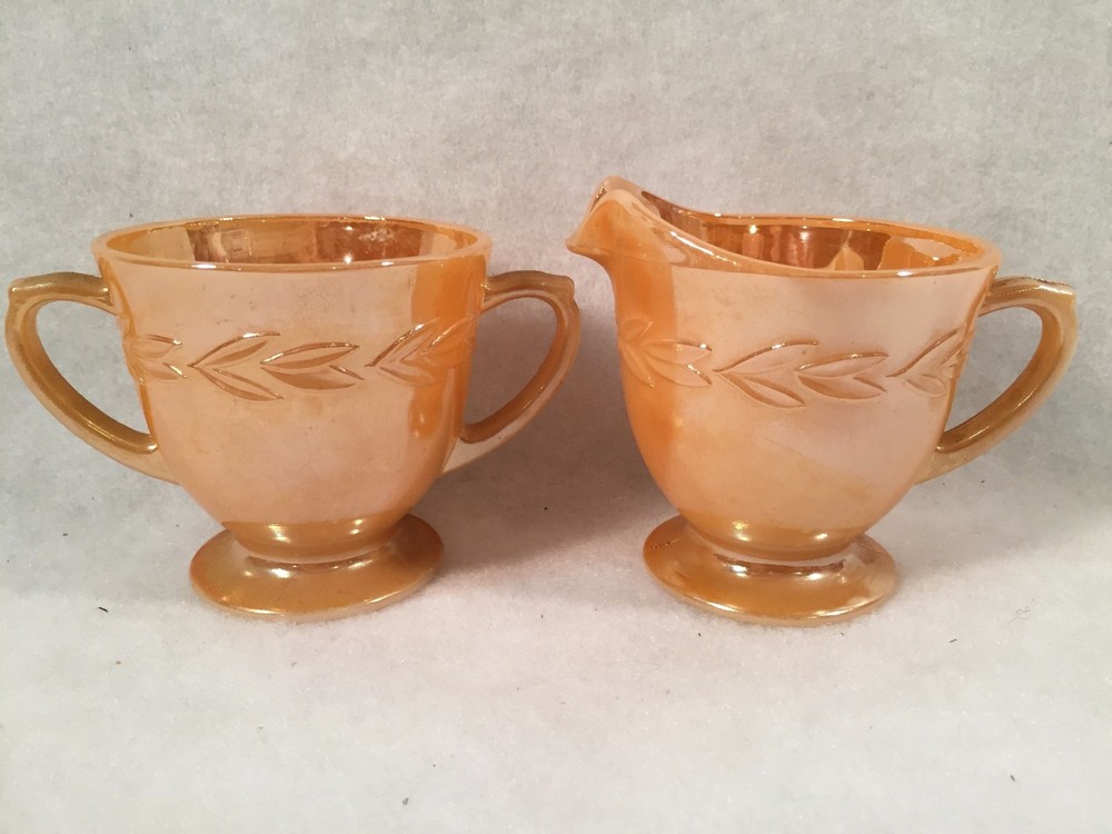 Fire King Peach Luster LAUREL LEAF Cream & Sugar