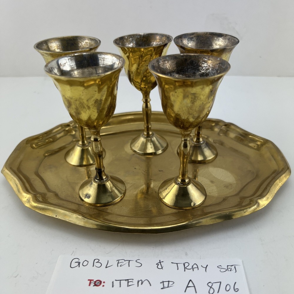 Vintage Mini Brass Goblet Cordials Set With Tray