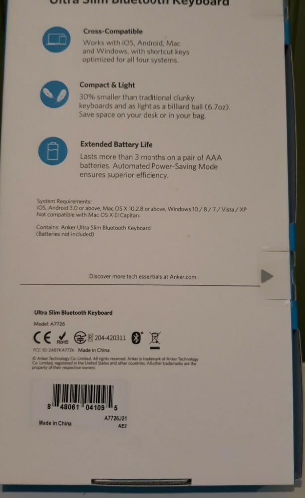 Anker: Ultra Slim Bluetooth Keyboard - Apple & Android Compatible- White