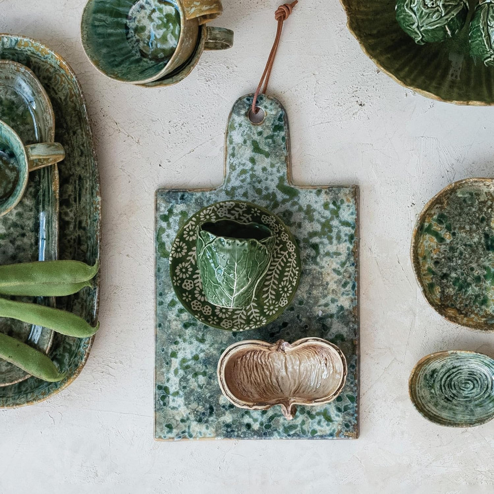 Matte Stoneware Cheese Board with Leather Tie, Green