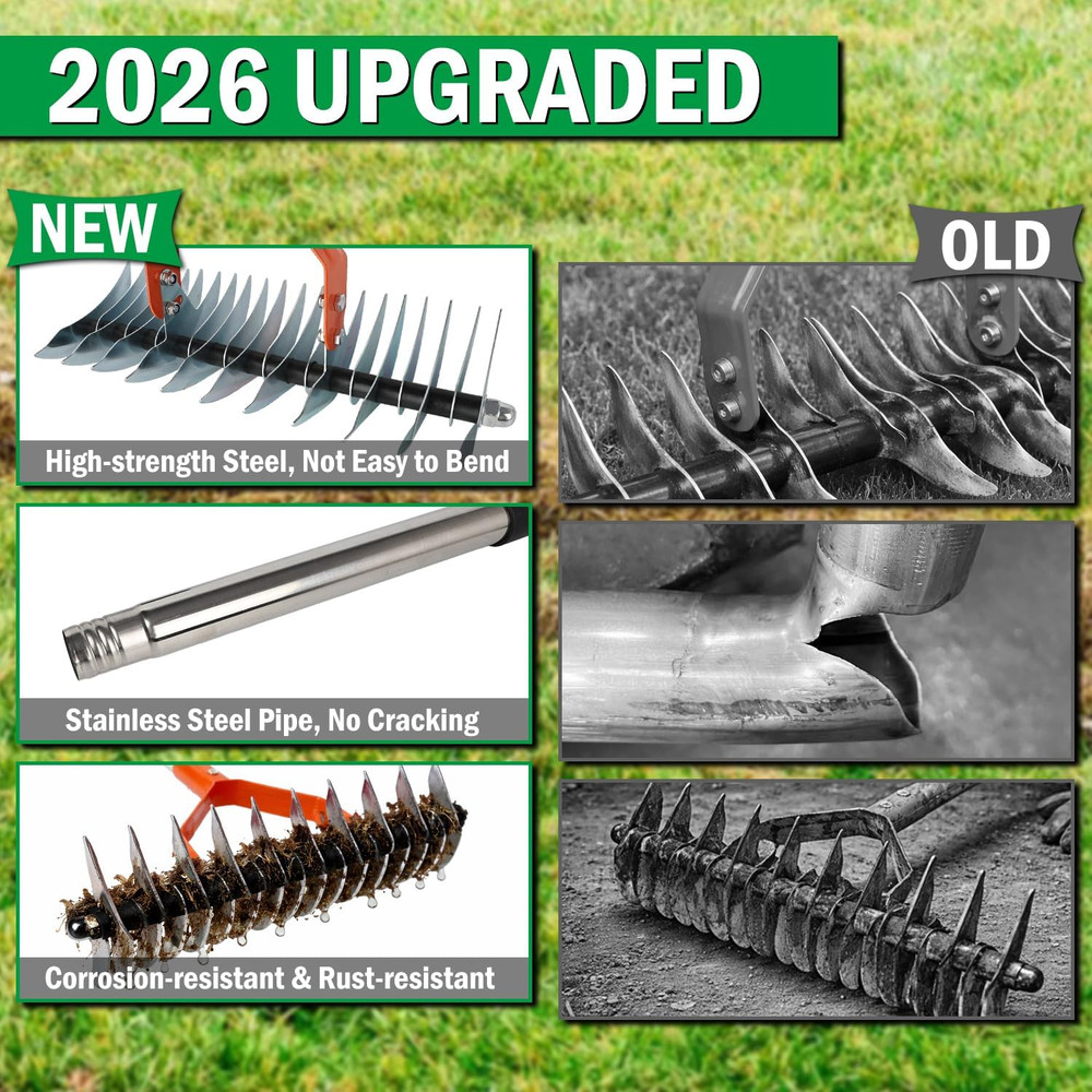 Thatch Rake for Lawn, 15'' Wide Thatcher Rake with 40-70'' Adjustable Handle, 3-