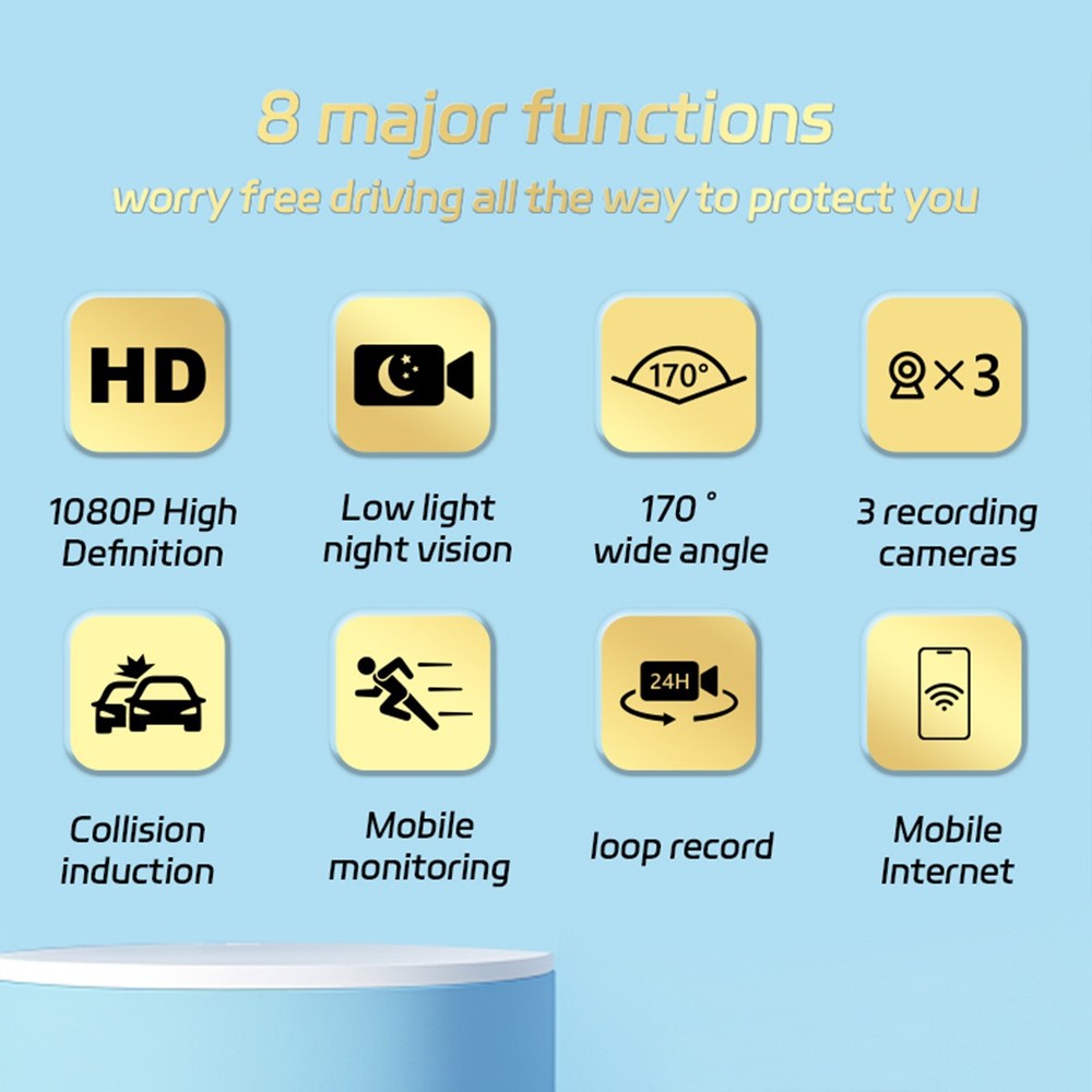 4K 3 Lens Car DVR Dash Cam Video Recorder G-Sensor Front Inside Camera