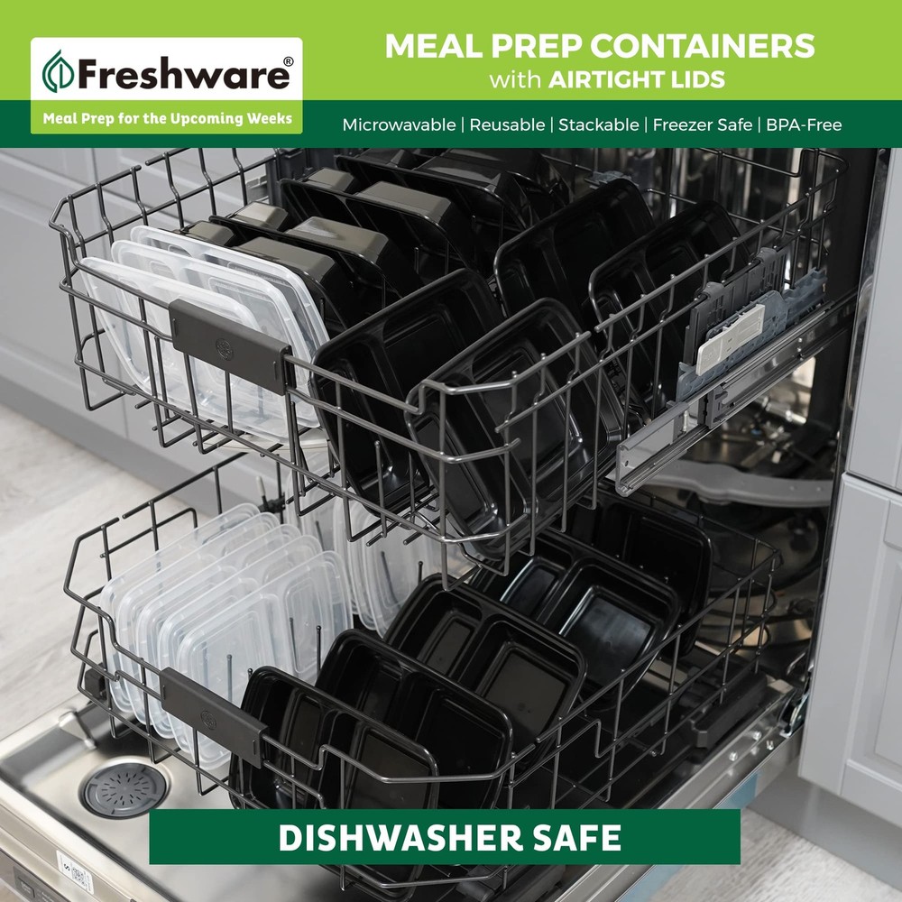 Freshware Meal Prep Containers [50 Pack] 2 Compartment 2-COMP-50PK, Black