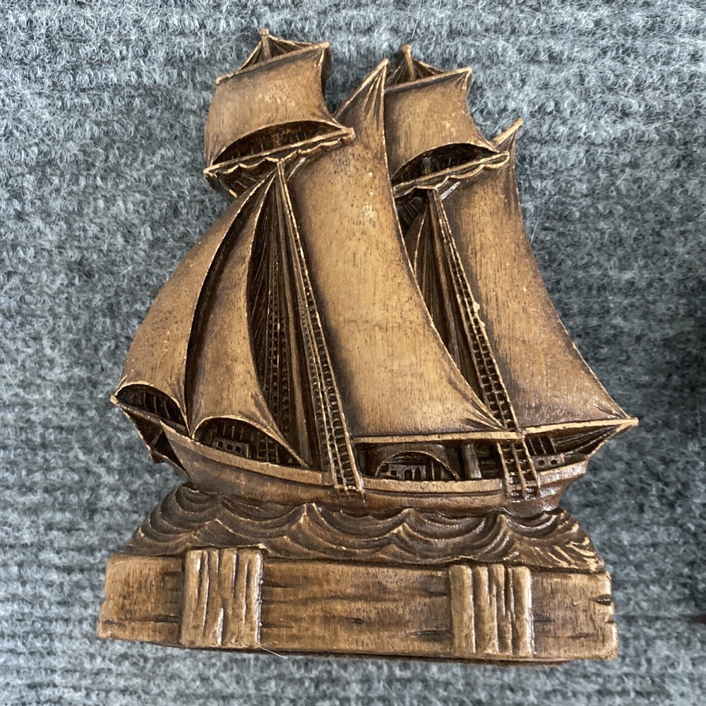 Vintage MCM Sailing Ship Wood Composite Bookends Nautical