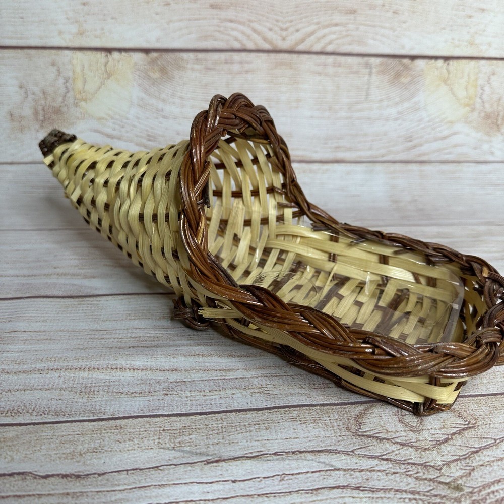 Cornucopia Horn of Plenty Rustic Woven Lined Wicker Basket Fall Thanksgiving