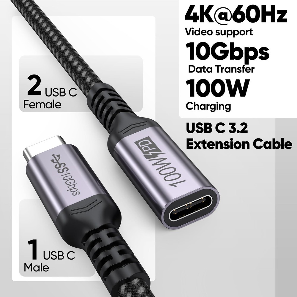 USB C Extension Cable 6 inch Short, Full-Function Extender 0.5 Feet, Grey