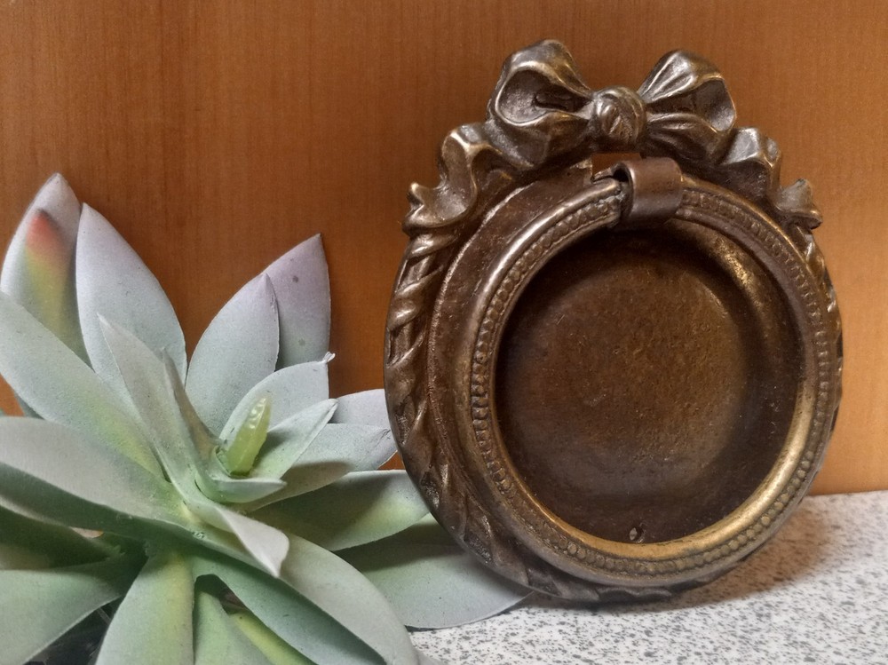 Antique Victorian Cast Brass Ornate Drop Ring Drawer Pull Decorative Makers Mark