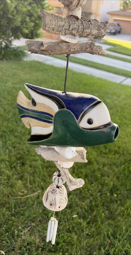 Hazel Olsen Attributed Driftwood Fish Pottery Shells Wind Chime Wall Hanging