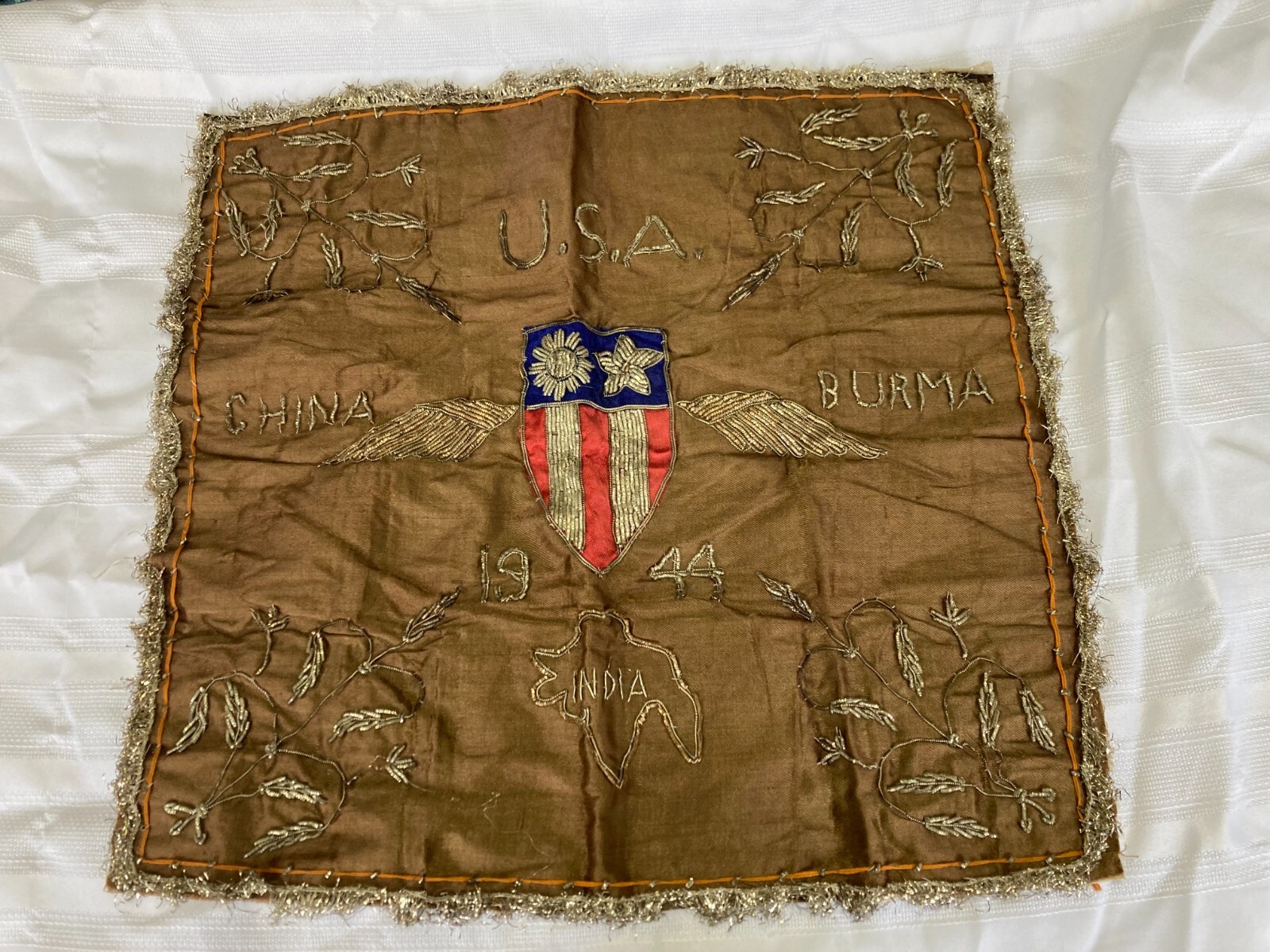 RARE WWII 1944 CBI CHINA BURMA INDIA HUMP PILOT BULLION WALL HANGING