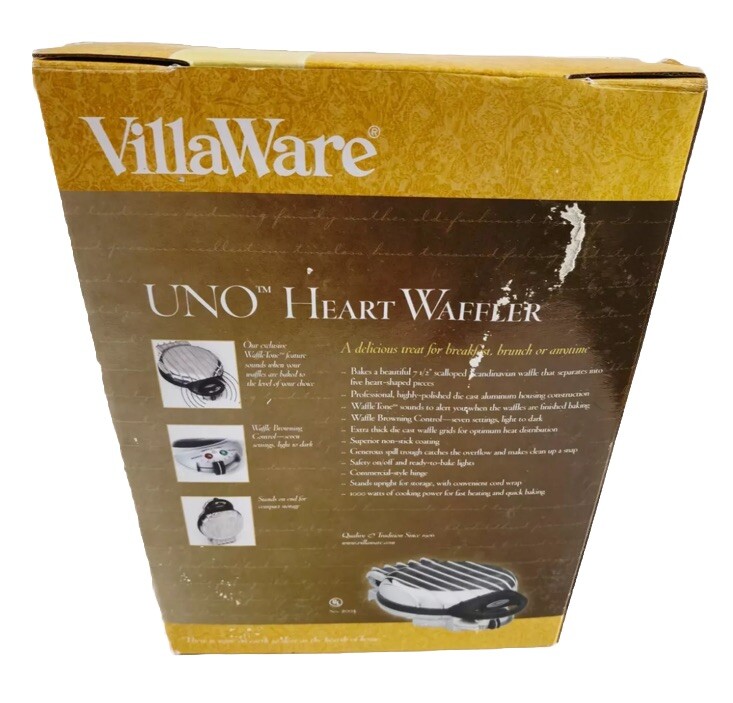 VillaWare Uno Heart Shape Round Waffler Model #2003 Waffle Maker
