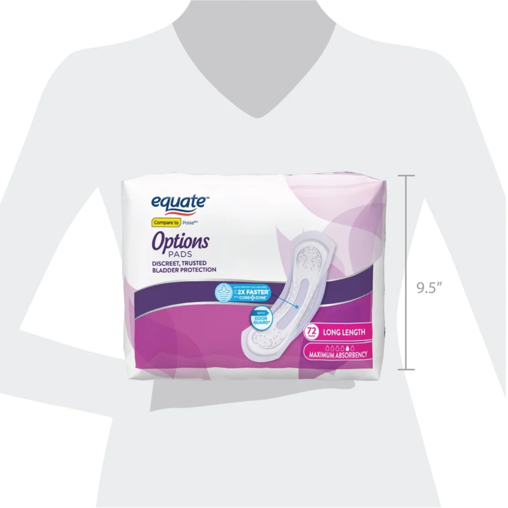 Options Women's Incontinence Pads Extra Coverage, Maximum, Long Length, 72 Count