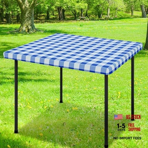 Square Picnic Table Cloth, Elastic 36" x 36" (Square) Blue and White