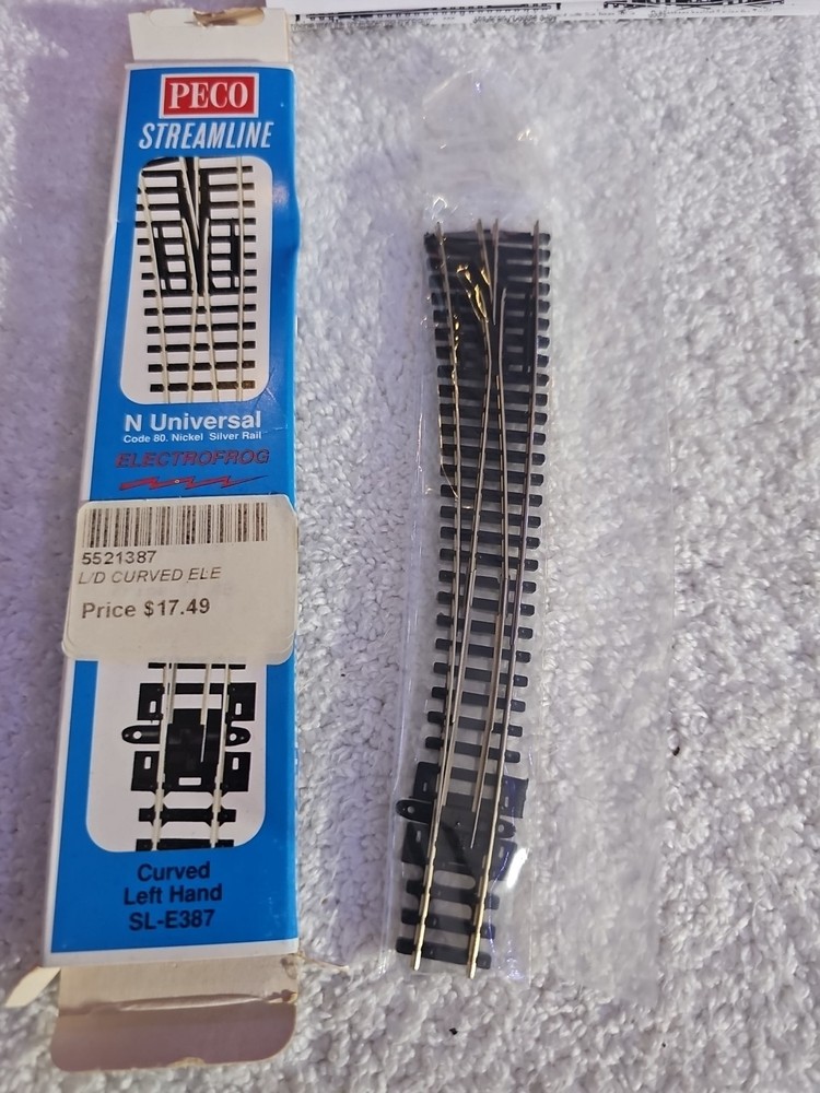 N Scale PECO SL-E387 Curved Left Hand Code 80 Track Electrofrog
