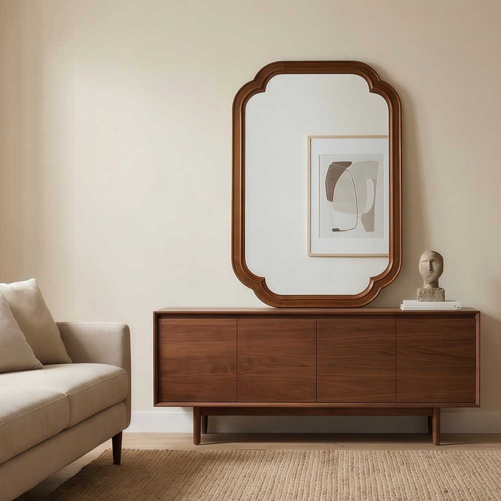 24x36 Solid Walnut Wall Mirror with Tempered Glass, Round Corner Art Deco